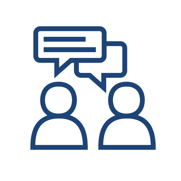 Deux figures stylisées se faisant face, chacune avec des bulles de dialogue, symbolisant la conversation.